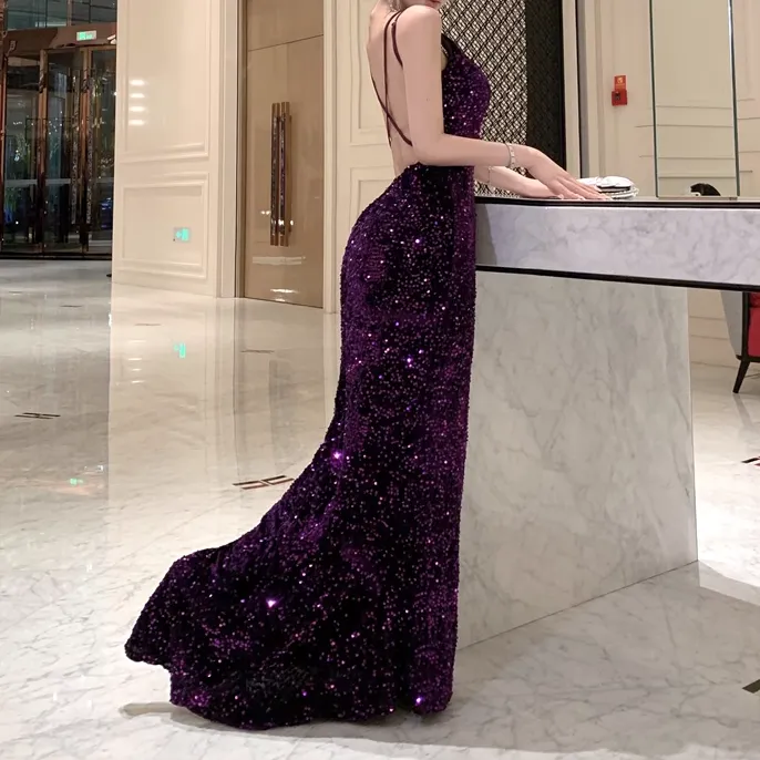Cross Backless Sequin Party Prom Fishtail Dress