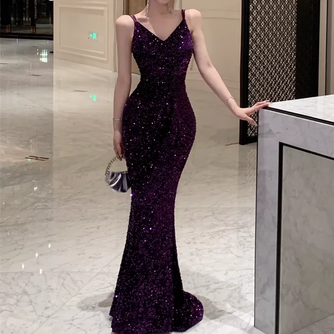 Cross Backless Sequin Party Prom Fishtail Dress