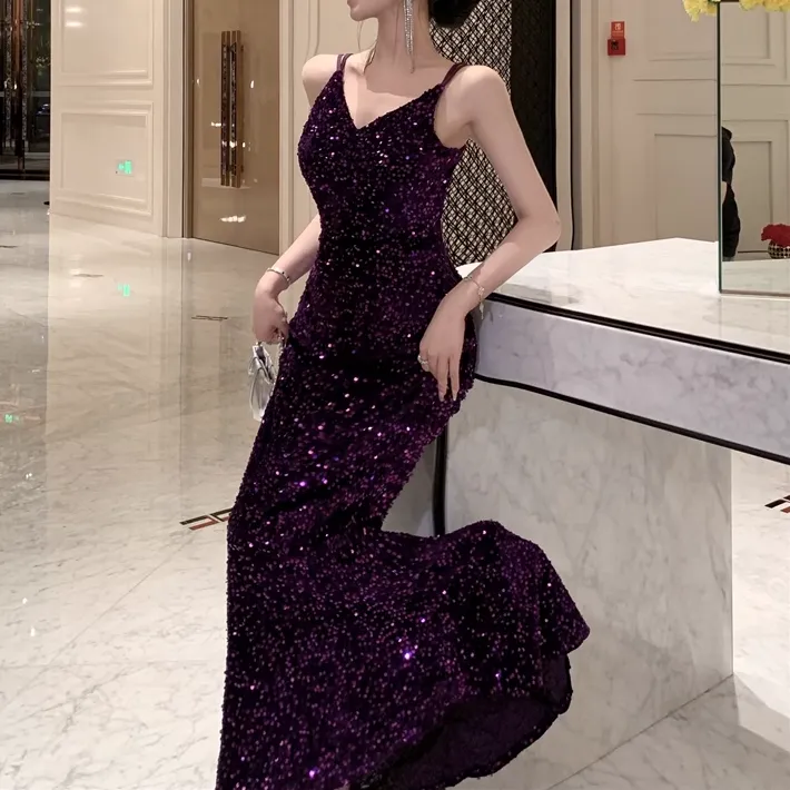 Cross Backless Sequin Party Prom Fishtail Dress
