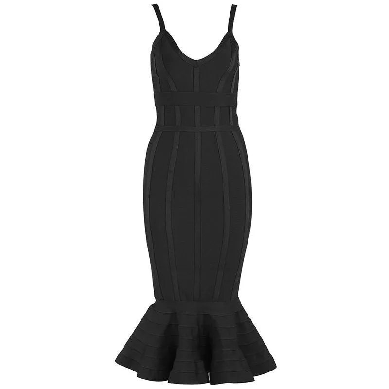Deep V Neck Spaghetti Strap Bodycon Midi Dress