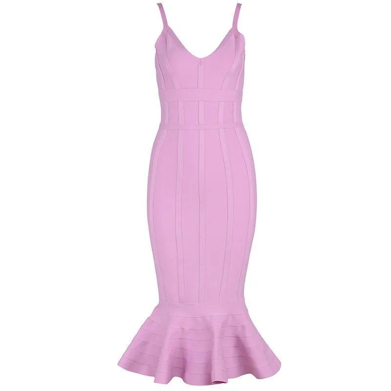 Deep V Neck Spaghetti Strap Bodycon Midi Dress