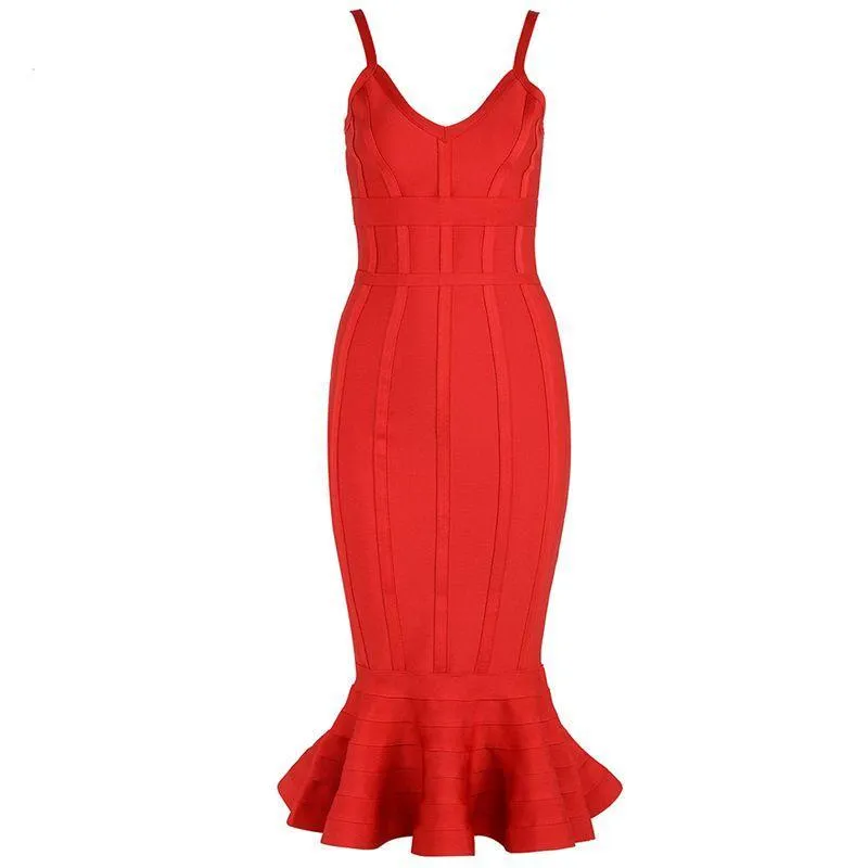 Deep V Neck Spaghetti Strap Bodycon Midi Dress