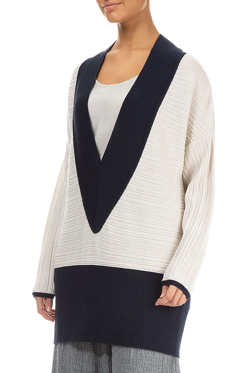 Deep V Neck White & Navy Wool Tunic Sweater