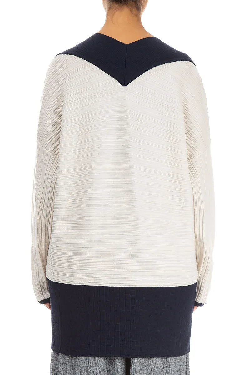 Deep V Neck White & Navy Wool Tunic Sweater