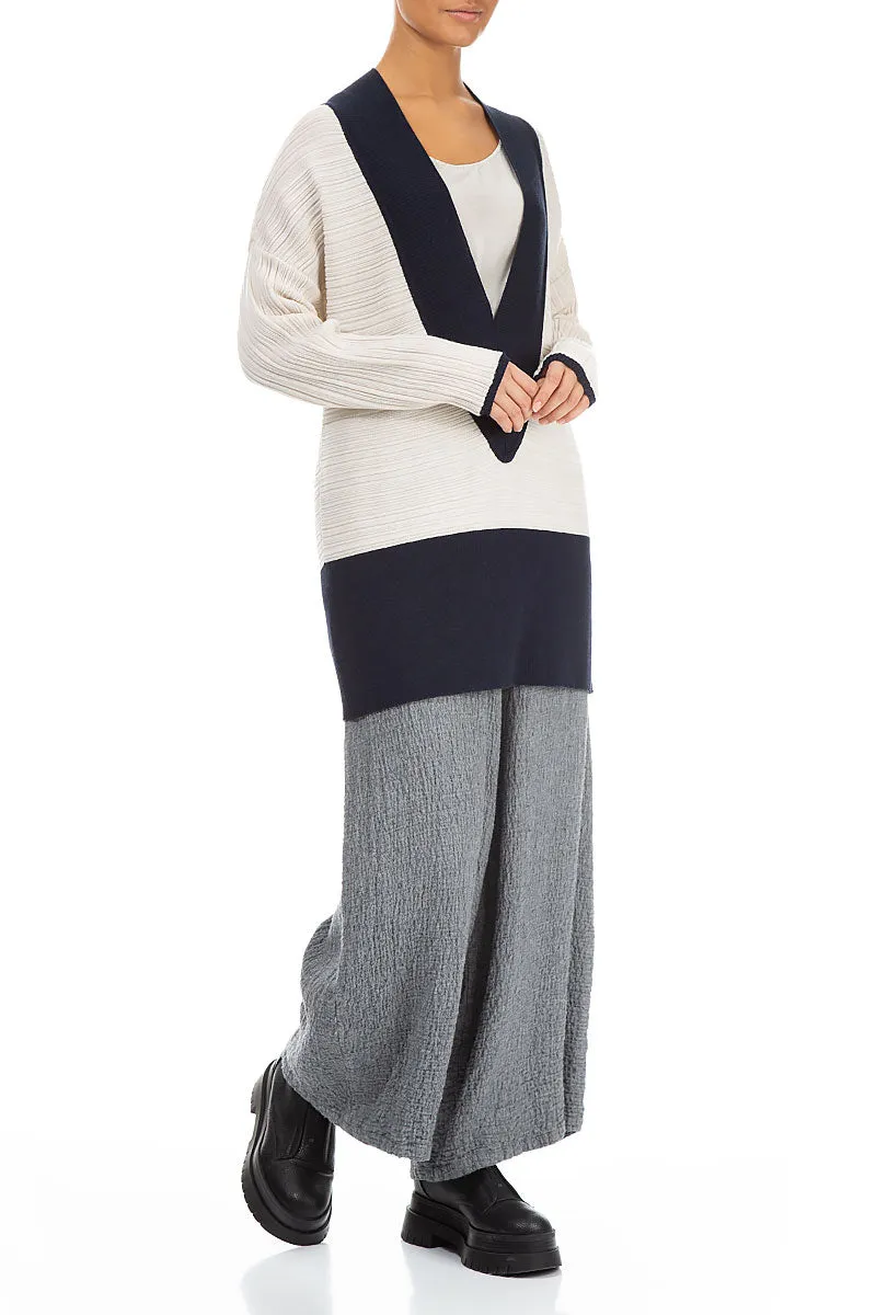 Deep V Neck White & Navy Wool Tunic Sweater