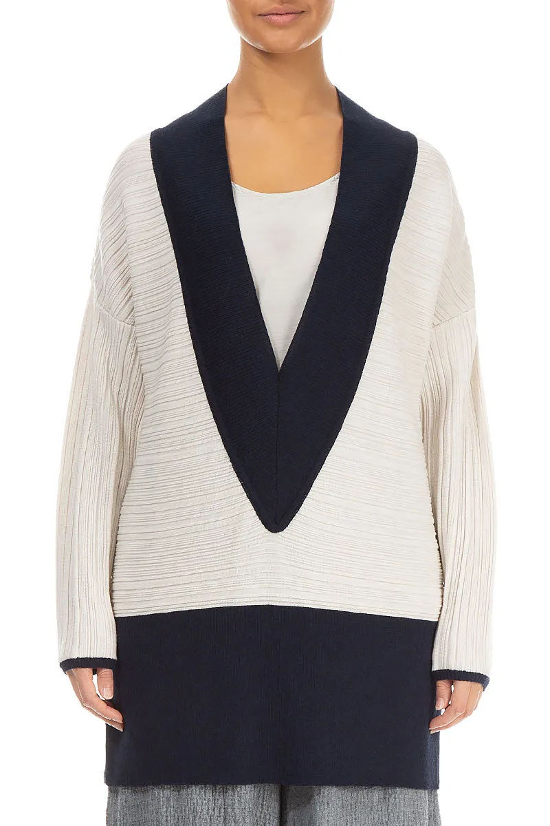 Deep V Neck White & Navy Wool Tunic Sweater