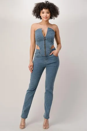 DENIM TUBE ZIPPER JUMPSUIT