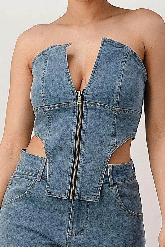 DENIM TUBE ZIPPER JUMPSUIT