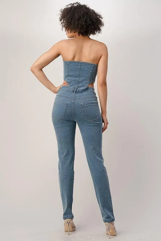 DENIM TUBE ZIPPER JUMPSUIT