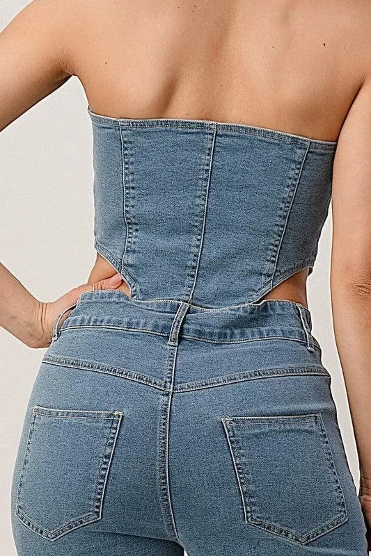 DENIM TUBE ZIPPER JUMPSUIT