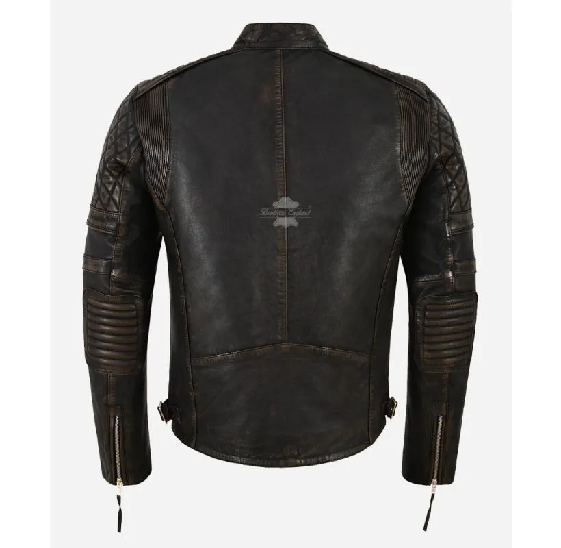 Distressed Racer Leather Jacket Men's Biker Black Bronze Vintage Jacket