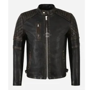 Distressed Racer Leather Jacket Men's Biker Black Bronze Vintage Jacket