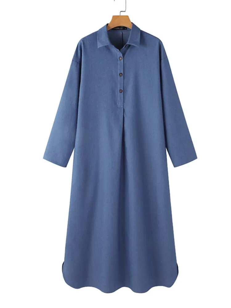 Dresses for Women 2023 Solid Color Lapel Long Sleeved Denim Dress Elegant Fashionable Oversize Loose Long Dresses Woman Clothing