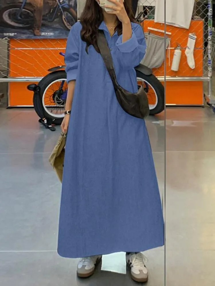 Dresses for Women 2023 Solid Color Lapel Long Sleeved Denim Dress Elegant Fashionable Oversize Loose Long Dresses Woman Clothing