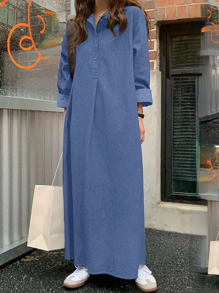 Dresses for Women 2023 Solid Color Lapel Long Sleeved Denim Dress Elegant Fashionable Oversize Loose Long Dresses Woman Clothing