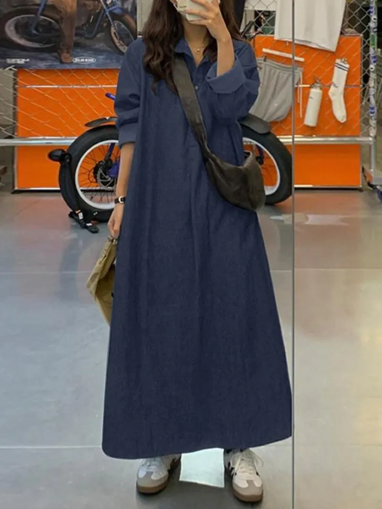 Dresses for Women 2023 Solid Color Lapel Long Sleeved Denim Dress Elegant Fashionable Oversize Loose Long Dresses Woman Clothing