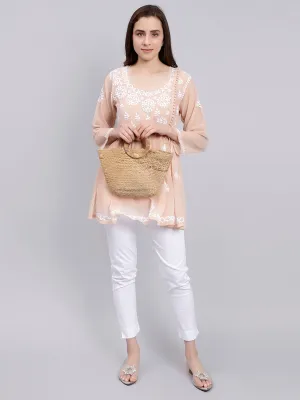 Dusty Beige Georgette Chikankari Short Tunic Top With Slip