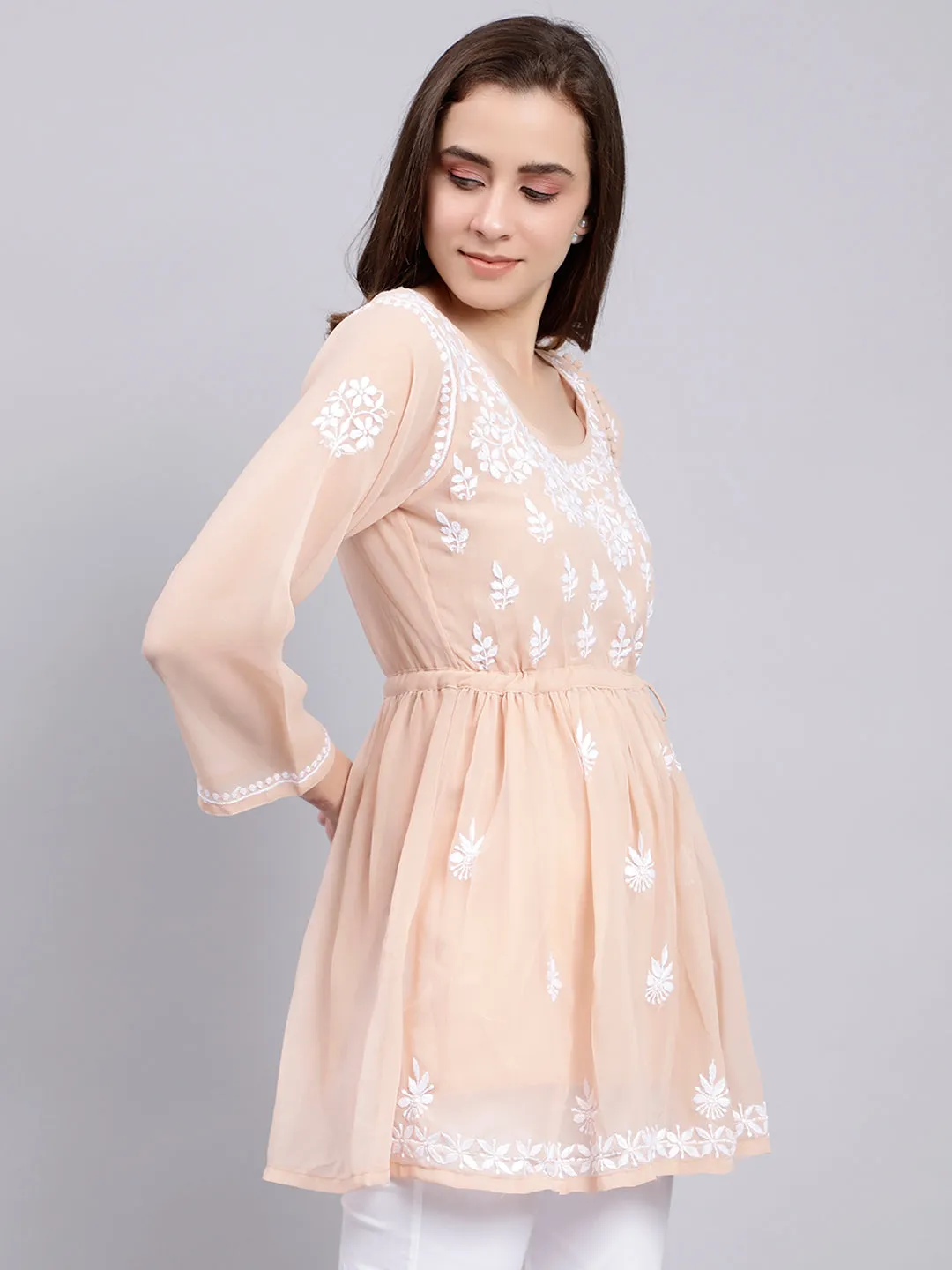 Dusty Beige Georgette Chikankari Short Tunic Top With Slip