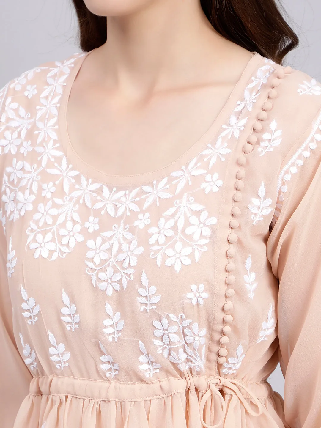 Dusty Beige Georgette Chikankari Short Tunic Top With Slip