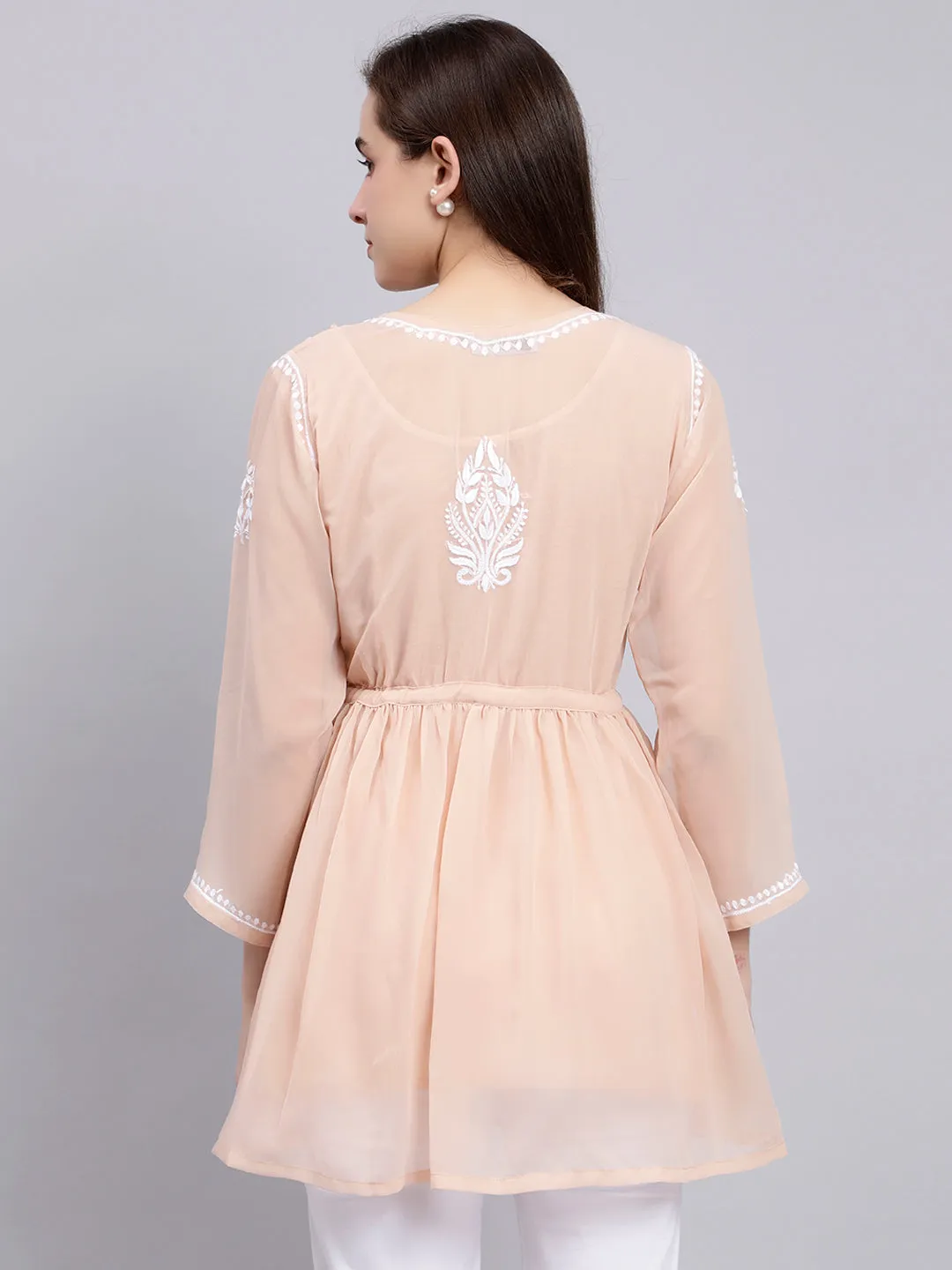 Dusty Beige Georgette Chikankari Short Tunic Top With Slip