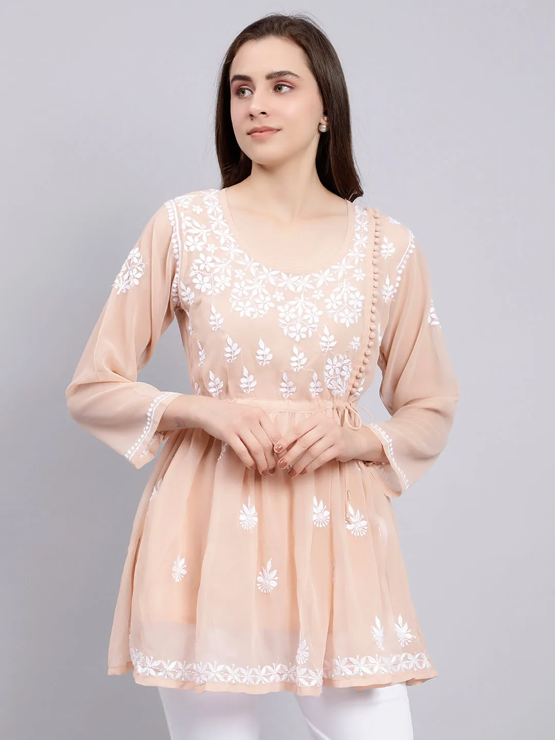 Dusty Beige Georgette Chikankari Short Tunic Top With Slip