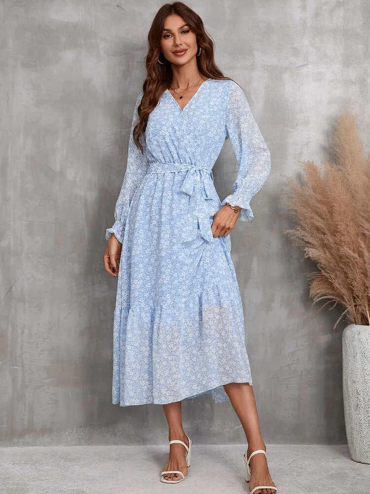 Elegant Dresses for Women New 2023 Spring Autumn V-neck Printed Chiffon Dresses Fashion Sexy Dress Streetwear Women Clothing