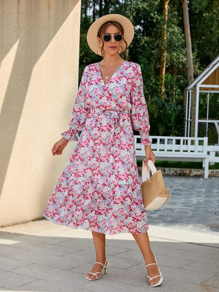 Elegant Dresses for Women New 2023 Spring Autumn V-neck Printed Chiffon Dresses Fashion Sexy Dress Streetwear Women Clothing