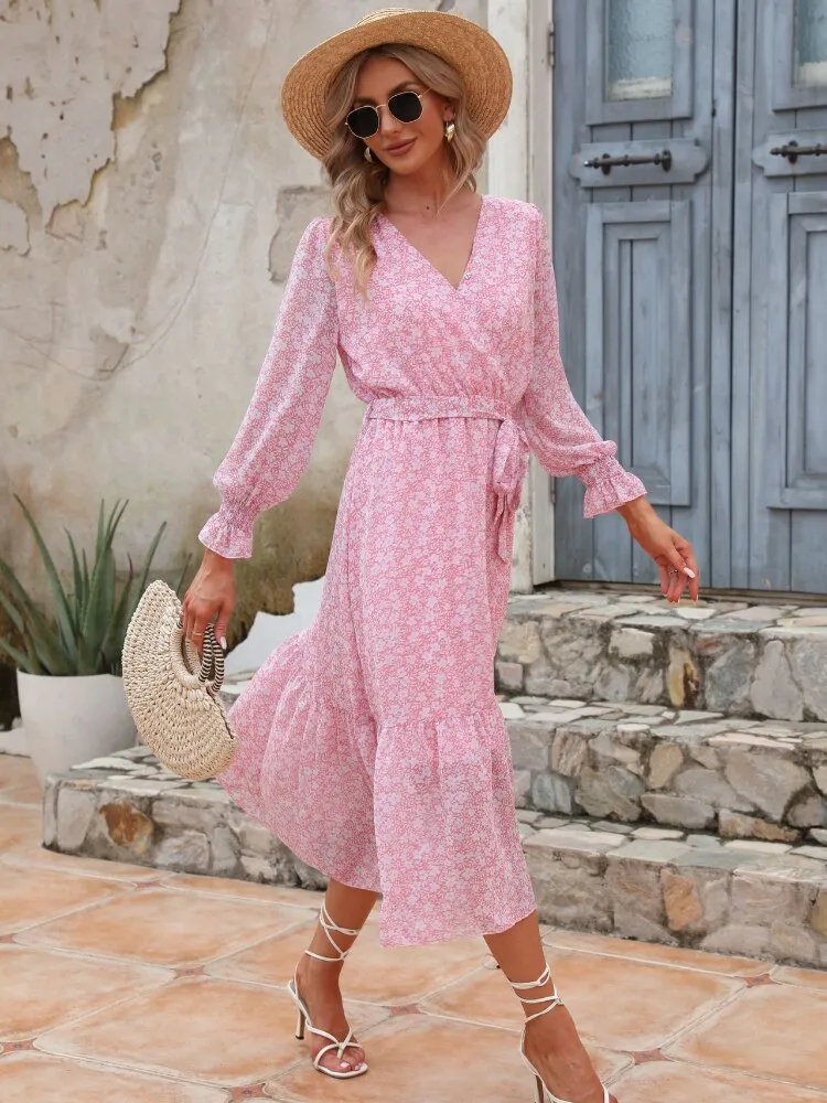 Elegant Dresses for Women New 2023 Spring Autumn V-neck Printed Chiffon Dresses Fashion Sexy Dress Streetwear Women Clothing