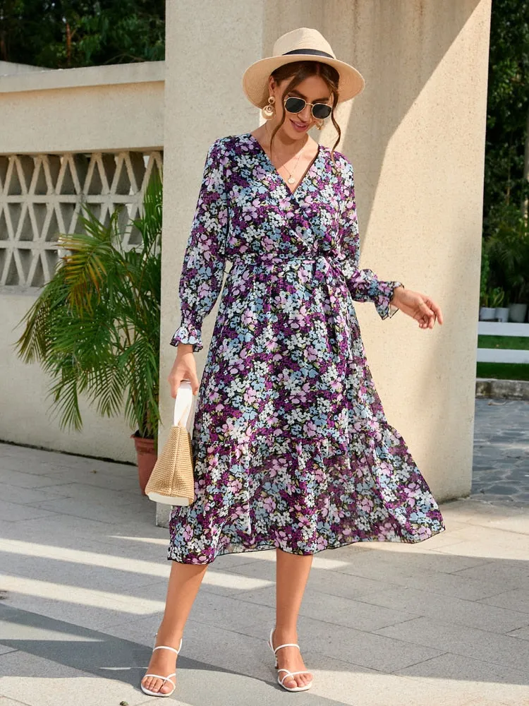 Elegant Dresses for Women New 2023 Spring Autumn V-neck Printed Chiffon Dresses Fashion Sexy Dress Streetwear Women Clothing