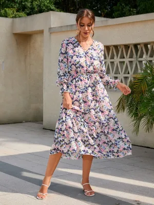 Elegant Dresses for Women New 2023 Spring Autumn V-neck Printed Chiffon Dresses Fashion Sexy Dress Streetwear Women Clothing