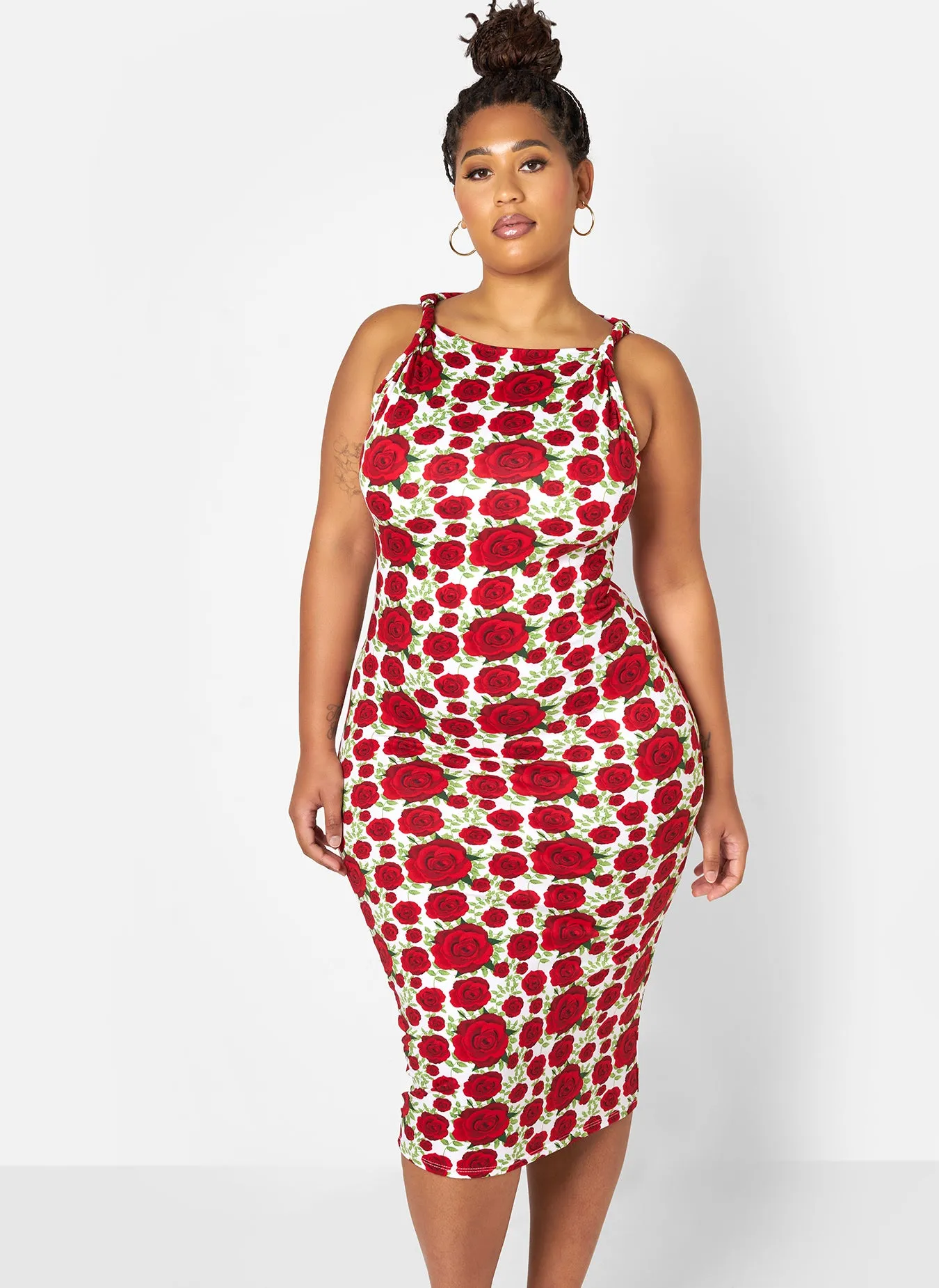 Ella Floral Knotted Strap Bodycon Midi Dress