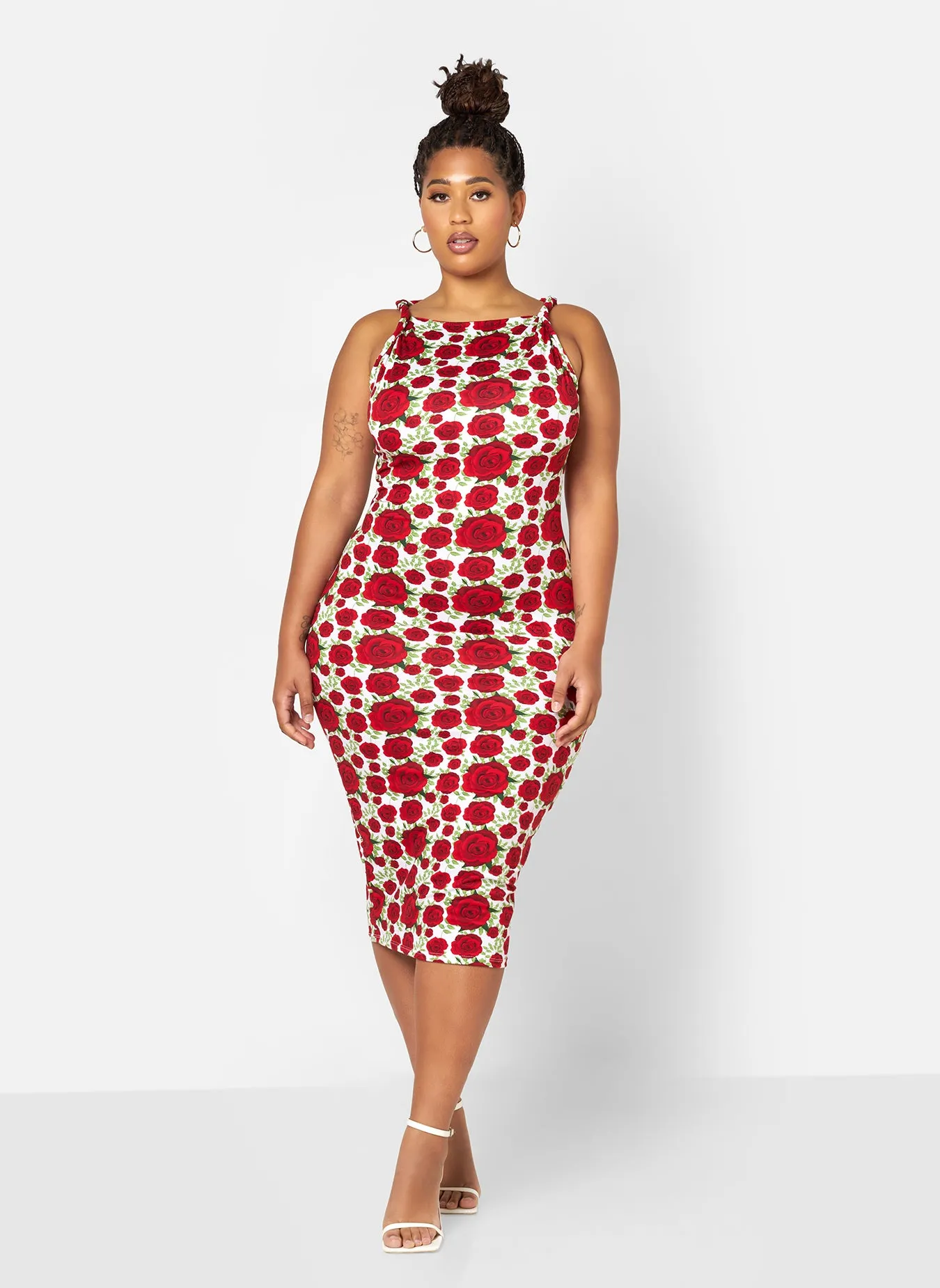Ella Floral Knotted Strap Bodycon Midi Dress