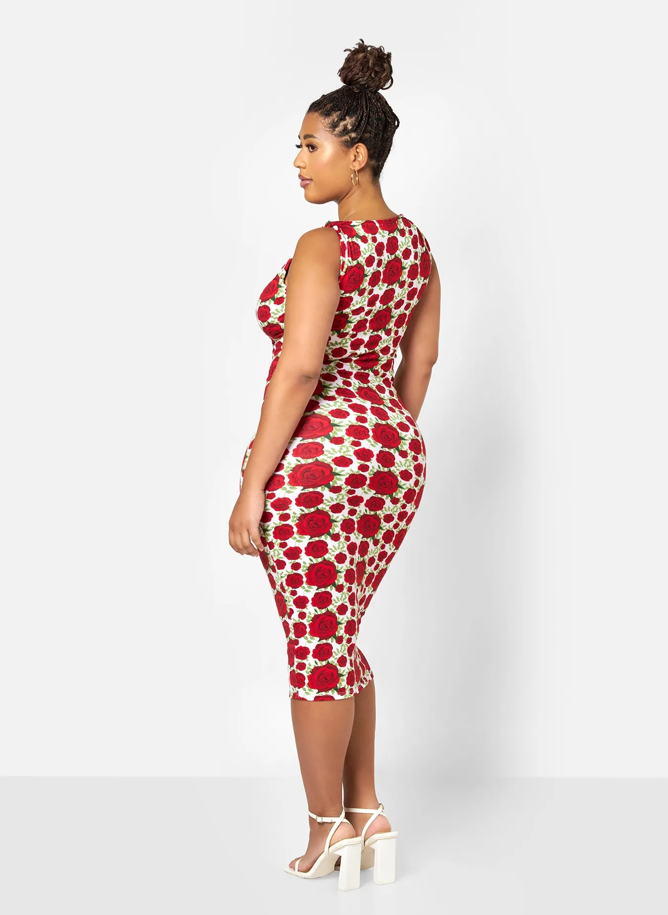 Ella Floral Knotted Strap Bodycon Midi Dress