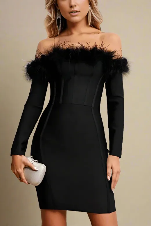 Erin Long Sleeve Off Shoulder Bandage Mini Dress - Classic Black