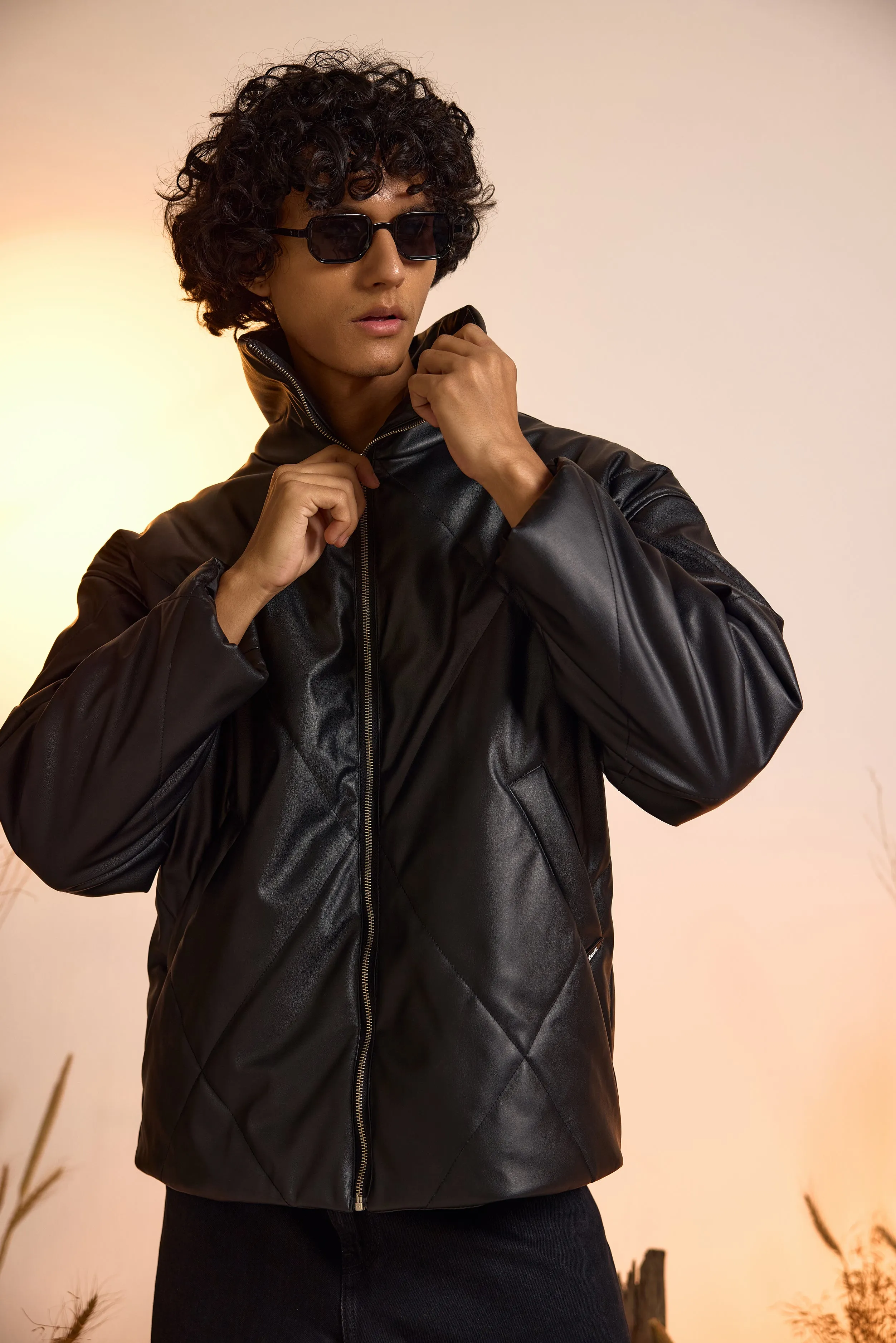 Faux Leather Oversized Puffer Jacket-Men