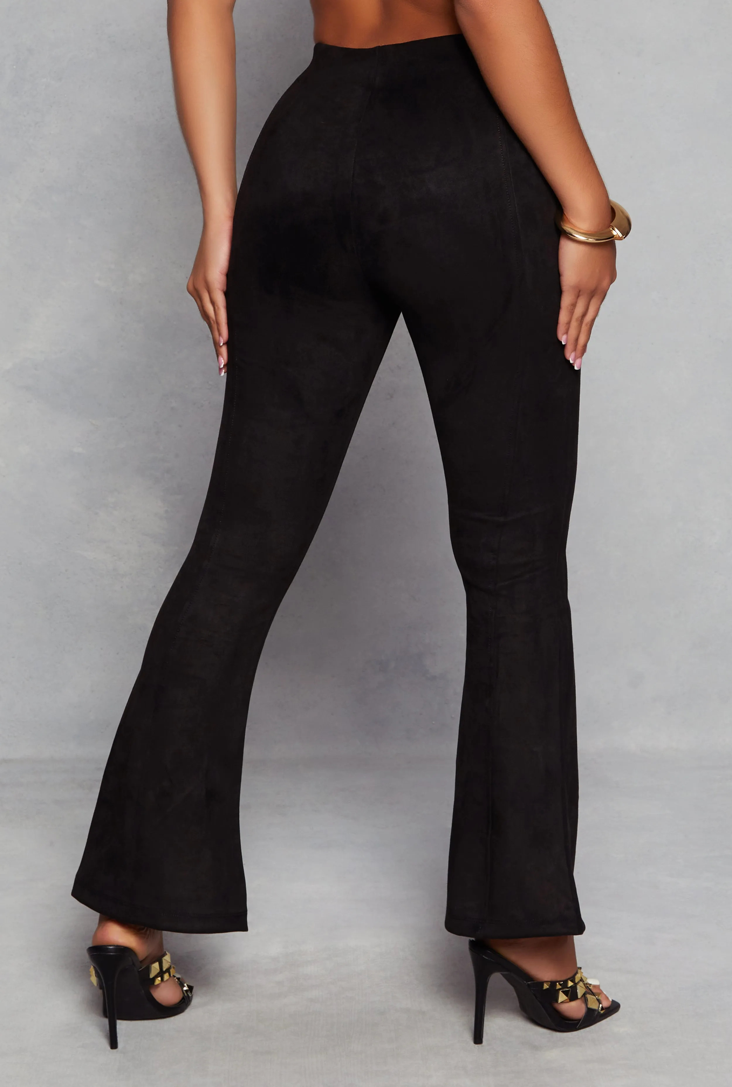 Faux Suede High Waist Pintuck Flare Pants