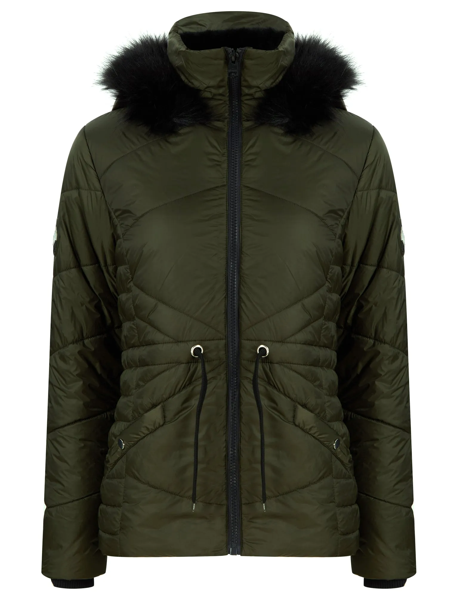 Featherington High Shine Quilted Hooded Puffer Jacket With Faux Fur Trim in Khaki - Tokyo Laundry