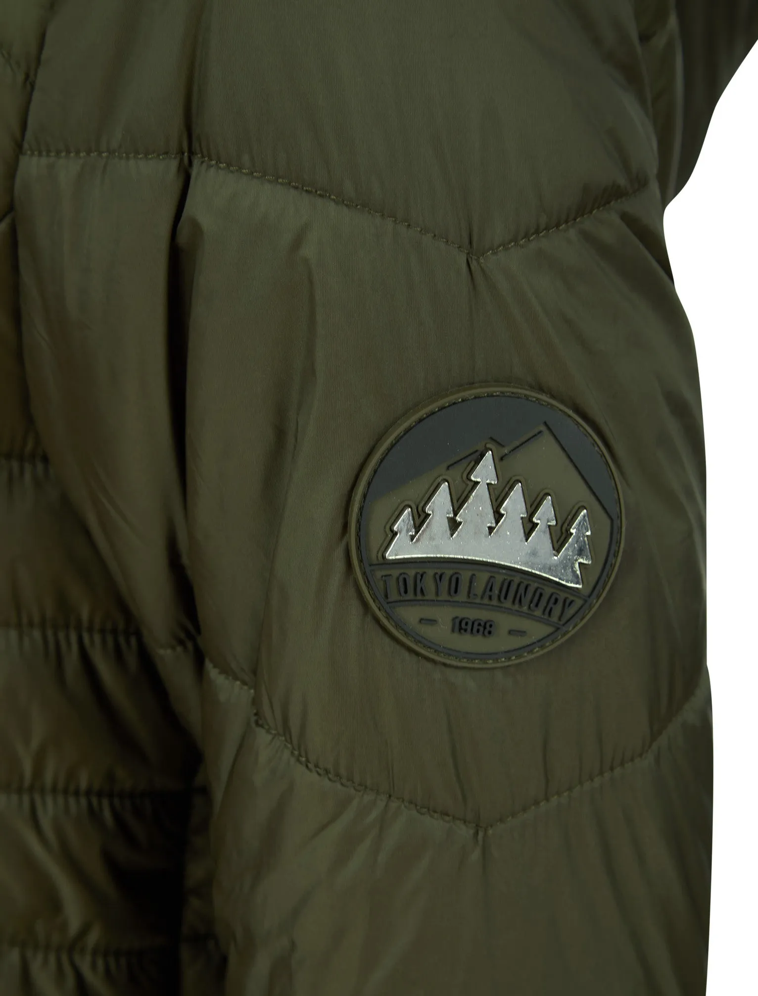 Featherington High Shine Quilted Hooded Puffer Jacket With Faux Fur Trim in Khaki - Tokyo Laundry