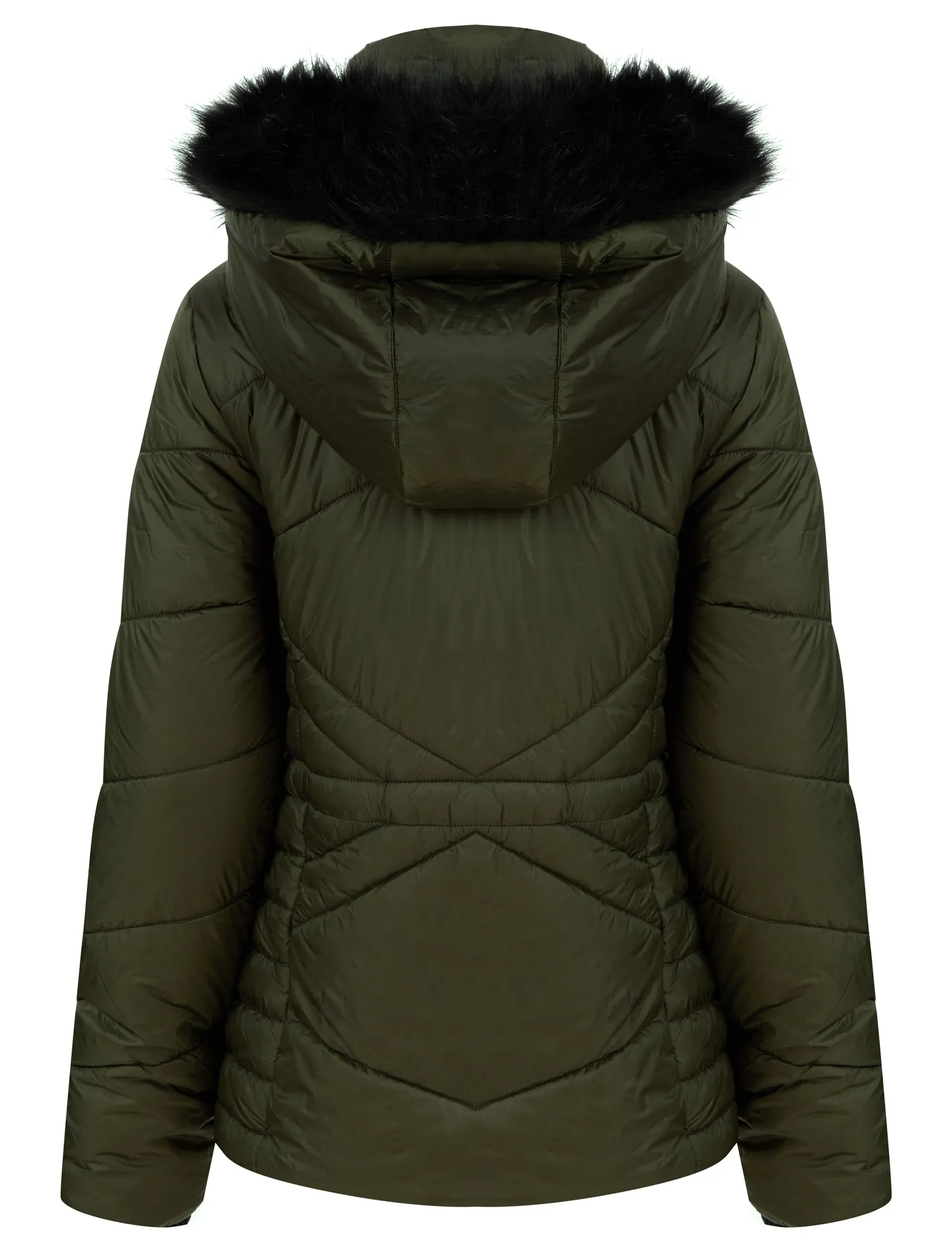 Featherington High Shine Quilted Hooded Puffer Jacket With Faux Fur Trim in Khaki - Tokyo Laundry