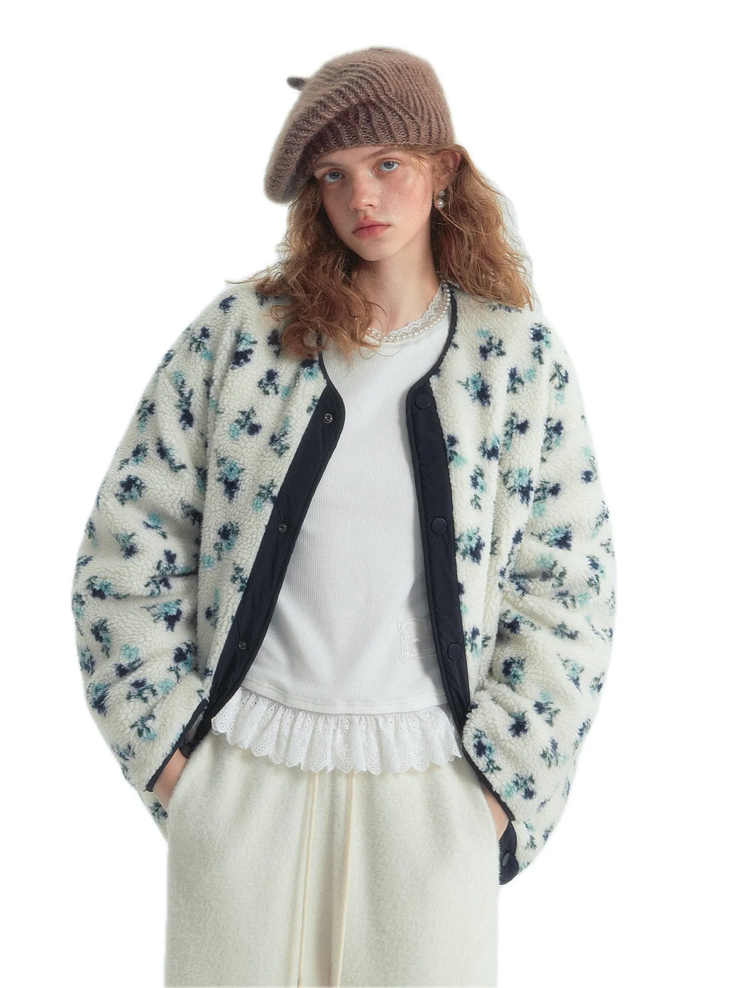 Floral Collarless Quilted Colorblock Down Jacket