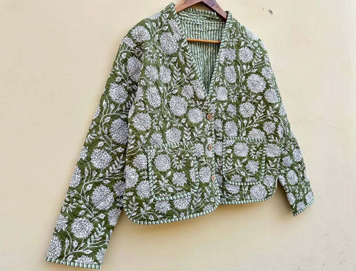 Green Floral Quilted Jacket-reversible