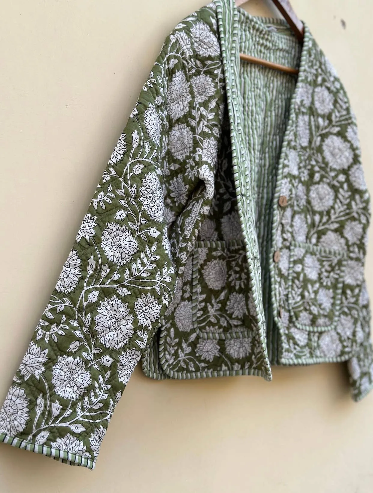 Green Floral Quilted Jacket-reversible
