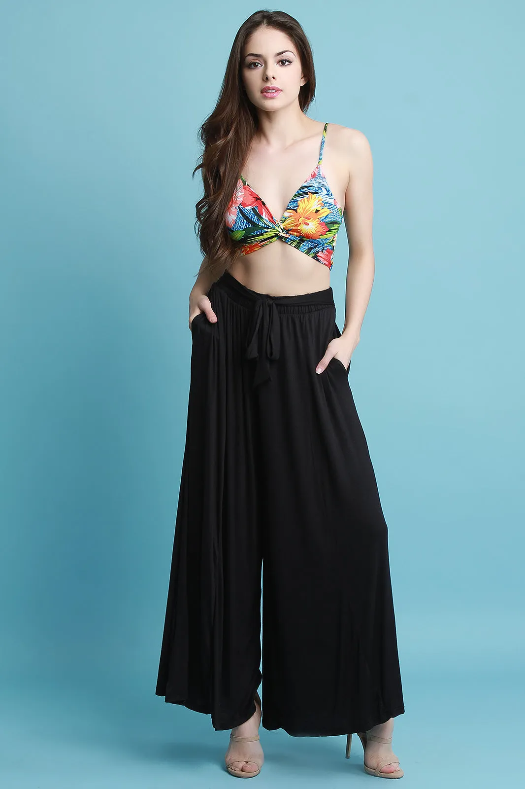 High Rise Waist Sash Wide Leg Pants