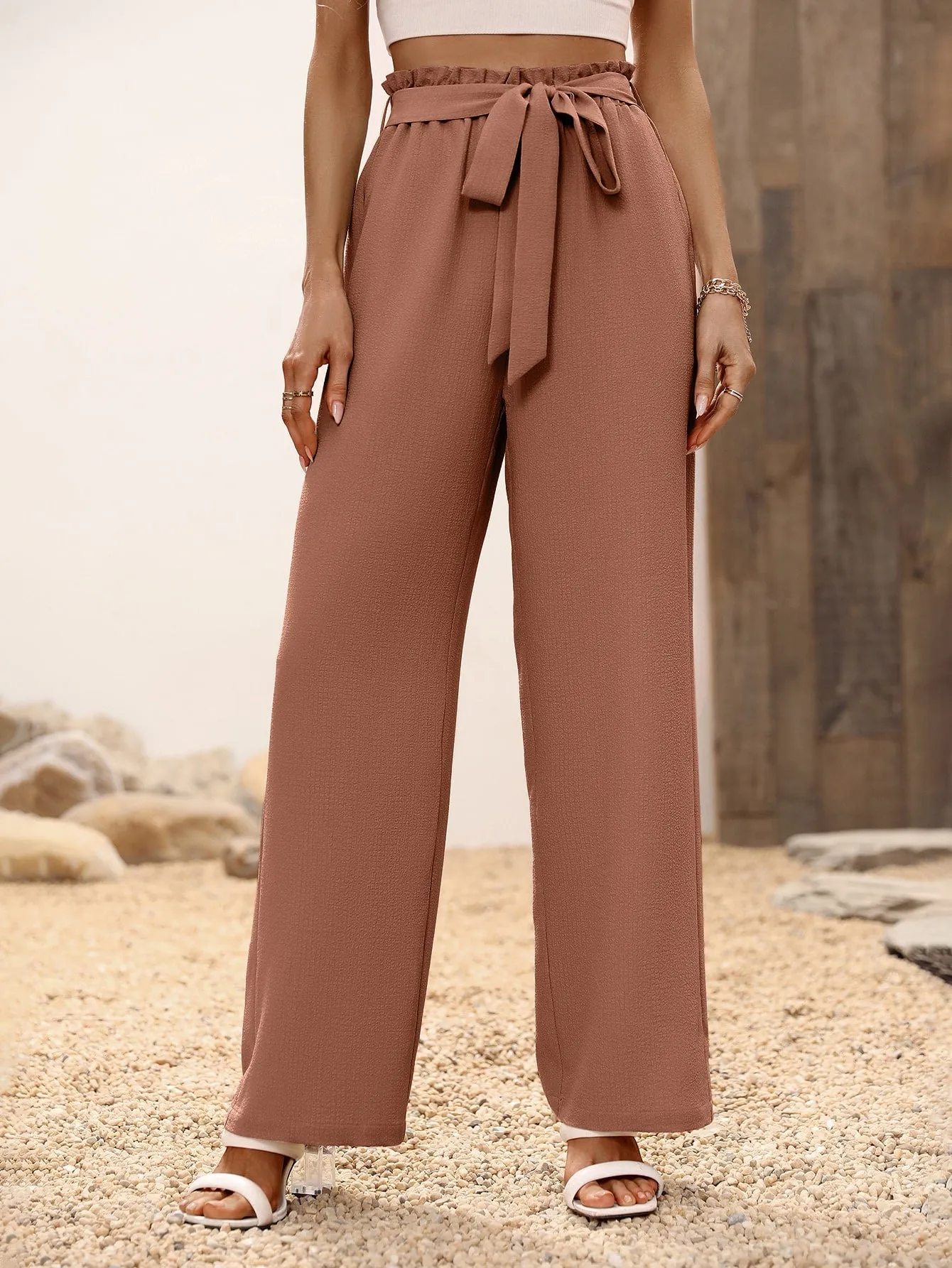 High Waist Belted Wide Leg Pants