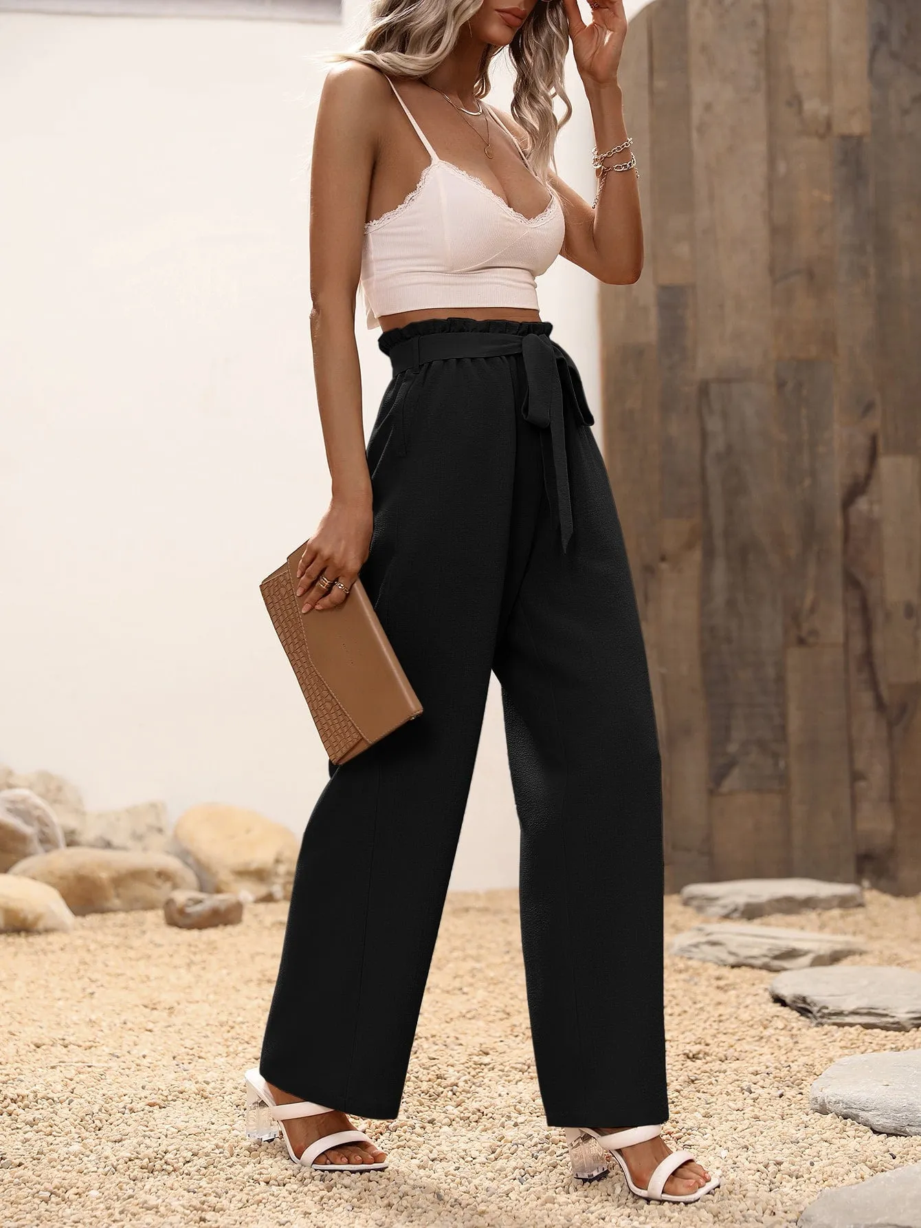 High Waist Belted Wide Leg Pants