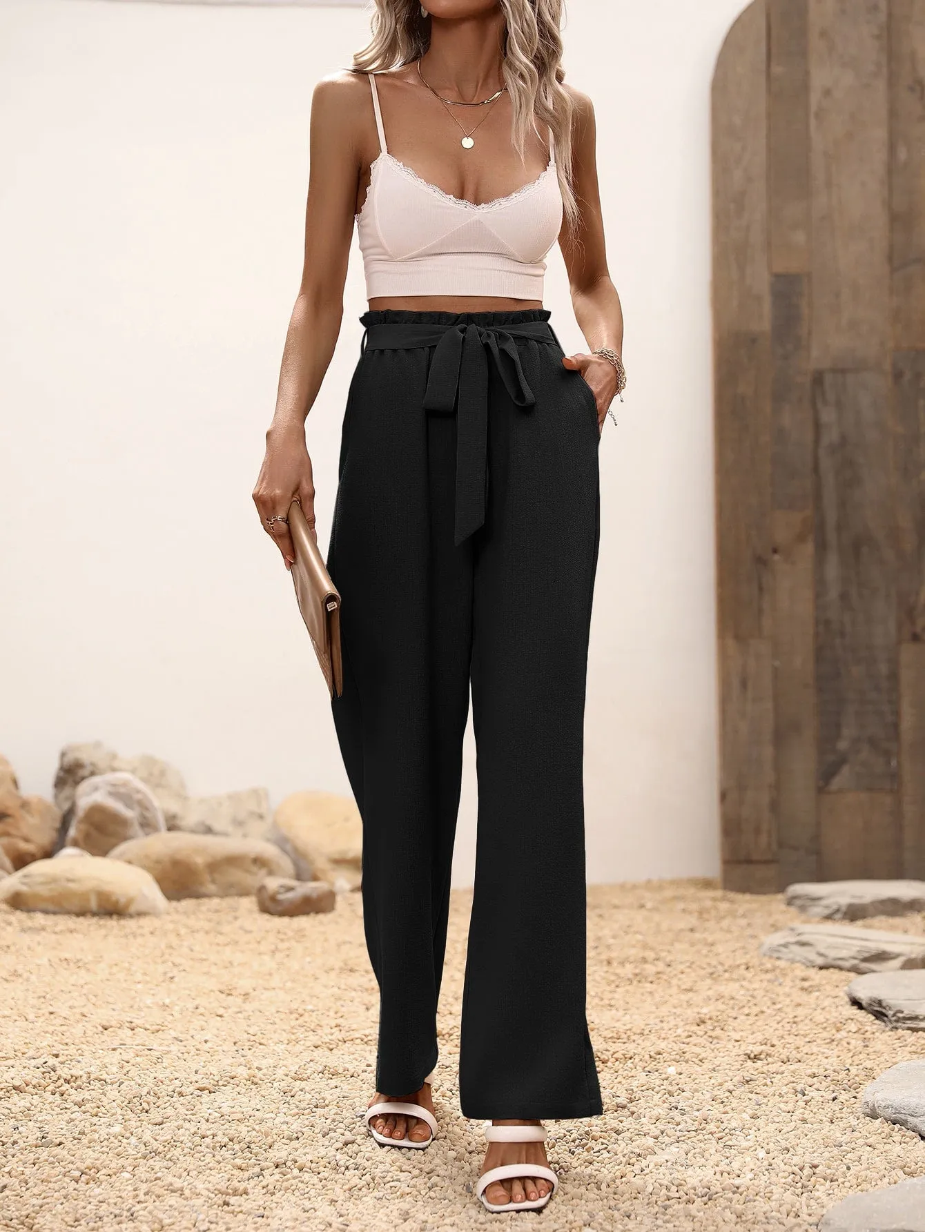 High Waist Belted Wide Leg Pants