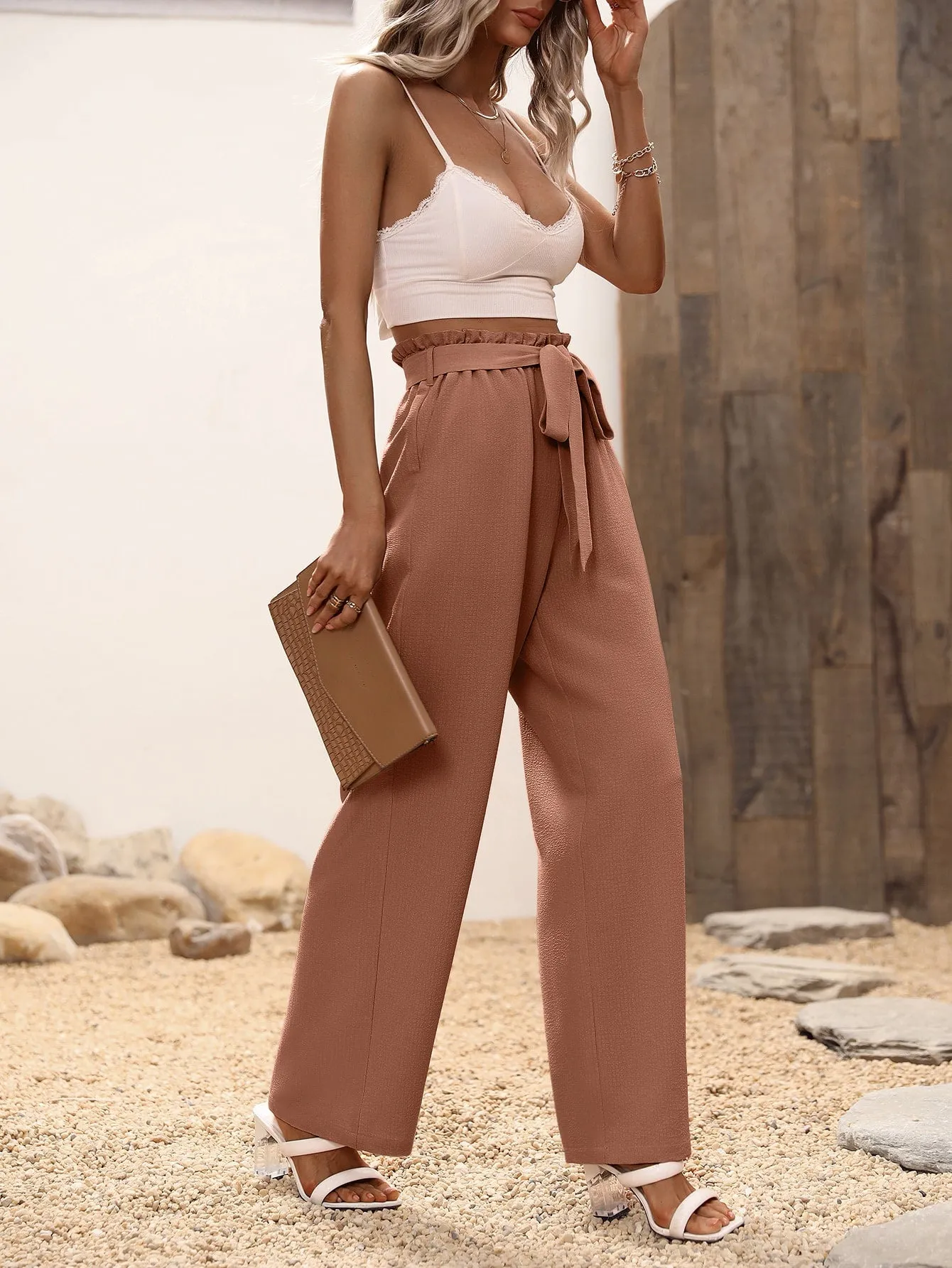 High Waist Belted Wide Leg Pants