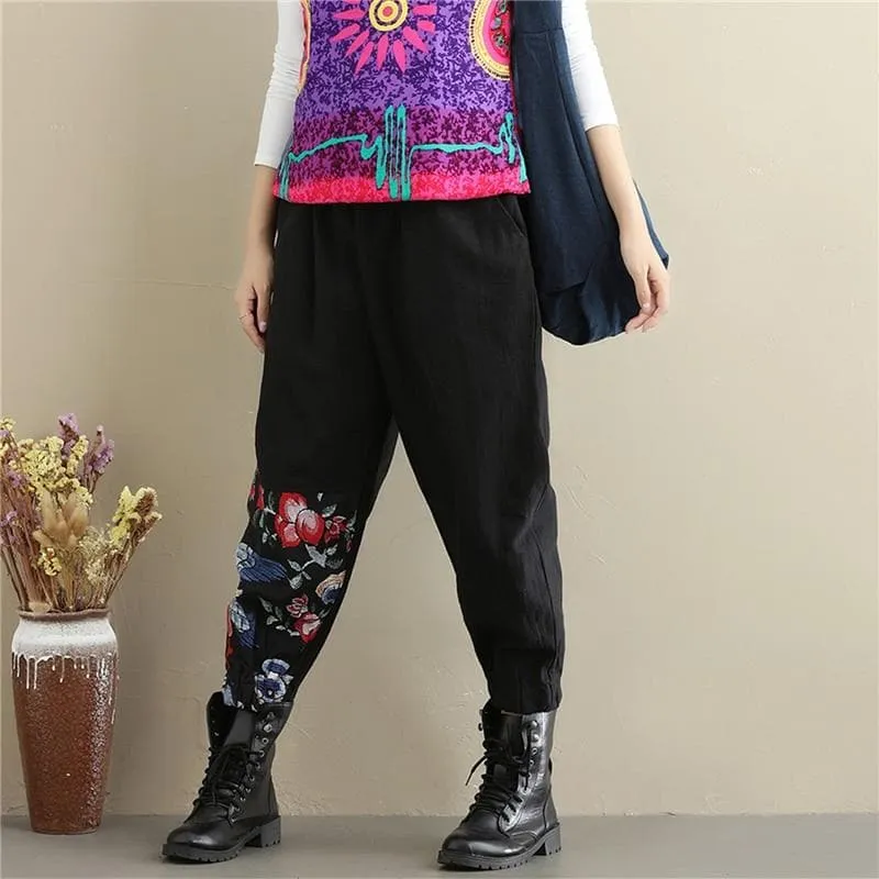 High Waist Patchwork Floral Trousers