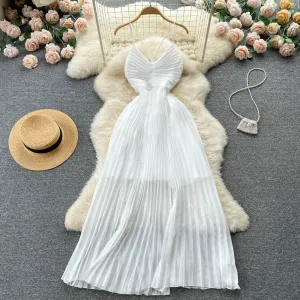 High-waist Pleated White Chiffon Dress