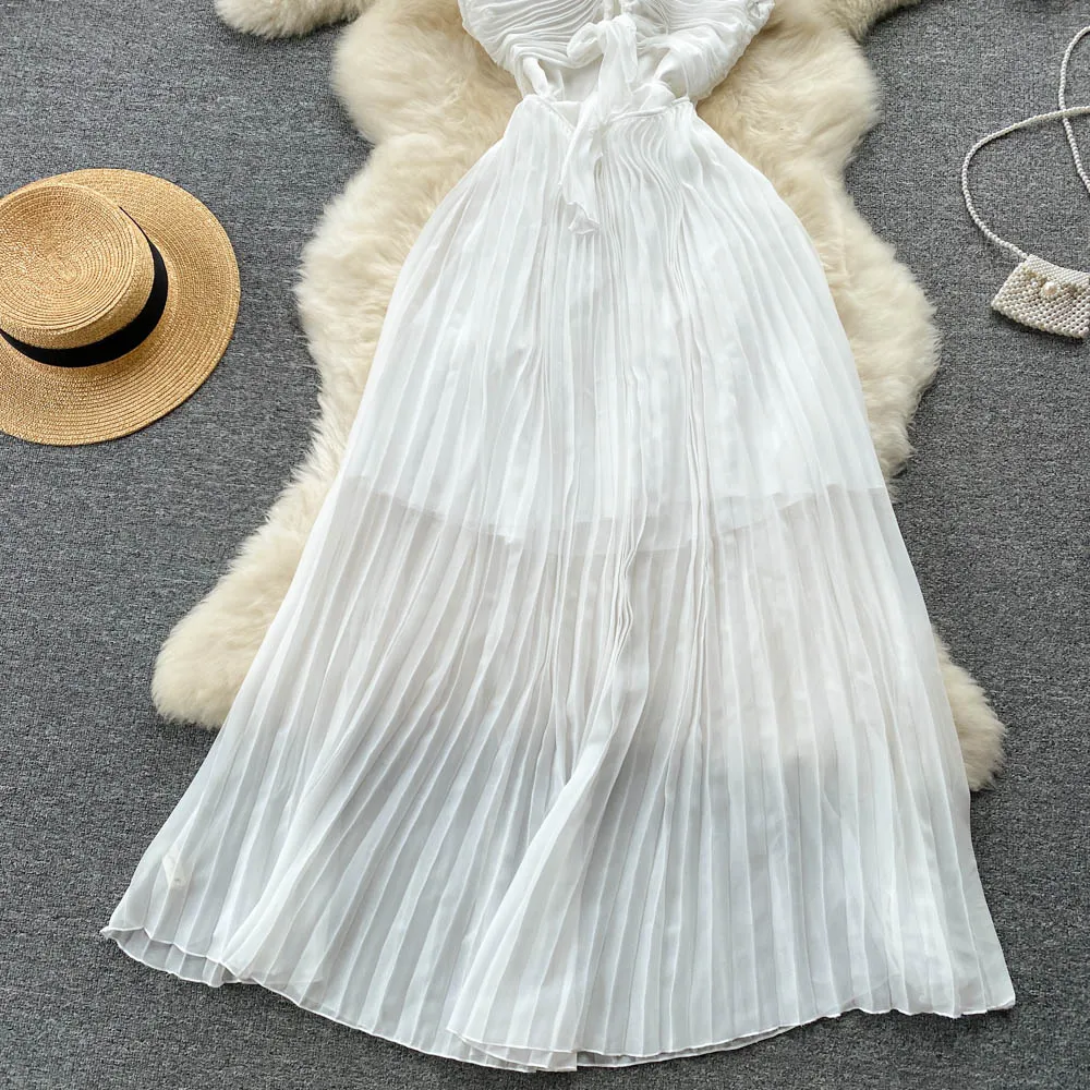 High-waist Pleated White Chiffon Dress